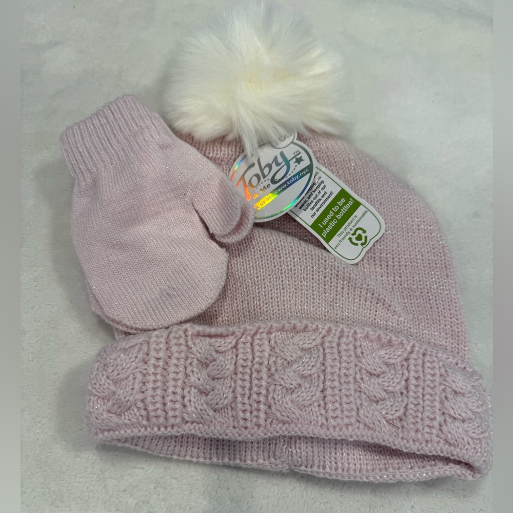 Toby toddler pink metallic beanie & mitten set white pom pom braided knit trim